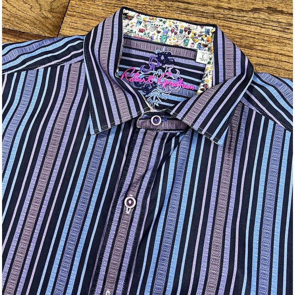 Robert Graham Martini Wine Multicolor Striped Paisley Floral Flip Cuff Sz Large